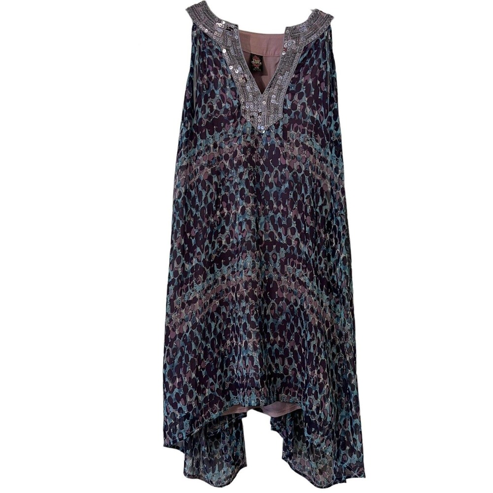 Free People Purple Blue Silver Sequins Neckline Flowy Dress with Under Dress - M